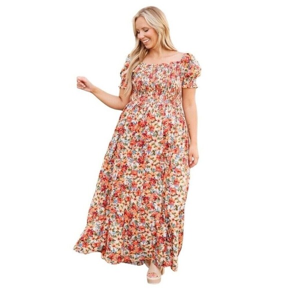 ChicSoul Floral Maxi Dress Plus Size 2X Smocked Square‎ Neck Short Sleeve - Picture 2 of 12